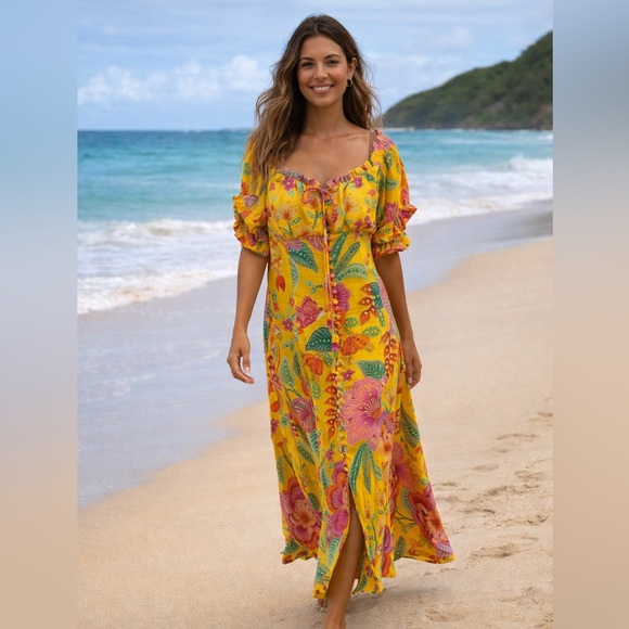 FARM Rio Dresses & Skirts - FARM Rio Yellow Floral Maxi Dress with Pink & Green Print